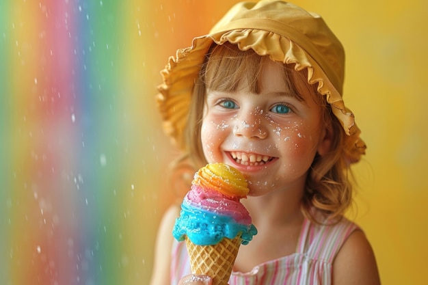 Cheerful little girl enjoying a bright rainbow ice cream cone on a summer sunny day Copy space