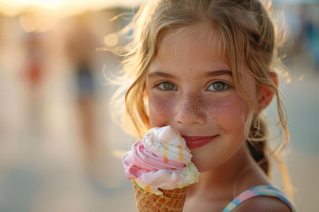 Cheerful little girl enjoying a bright rainbow ice cream cone on a summer sunny day Copy space