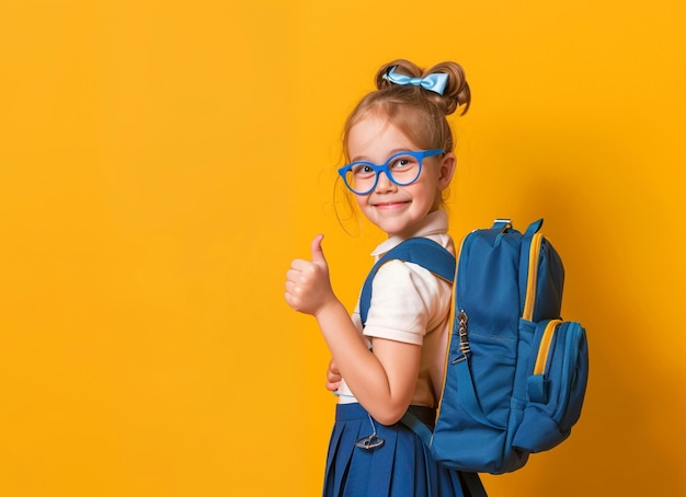 Cheerful little girl in uniform thumbs up on yellow