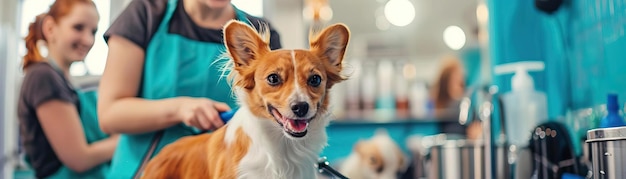 Photo cheerful and lively editorial image of a pet grooming session showcasing happy pets and enthusiastic groomers in a clean welcoming environment