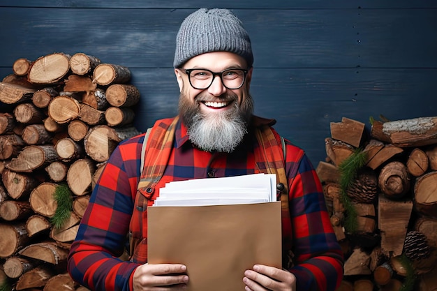 Cheerful lumberjack man in glasses has a snowwhite smile