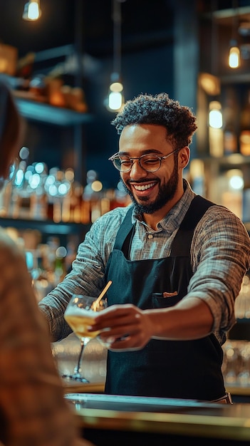 Cheerful Male Bartender Serving a Drink to a Customer