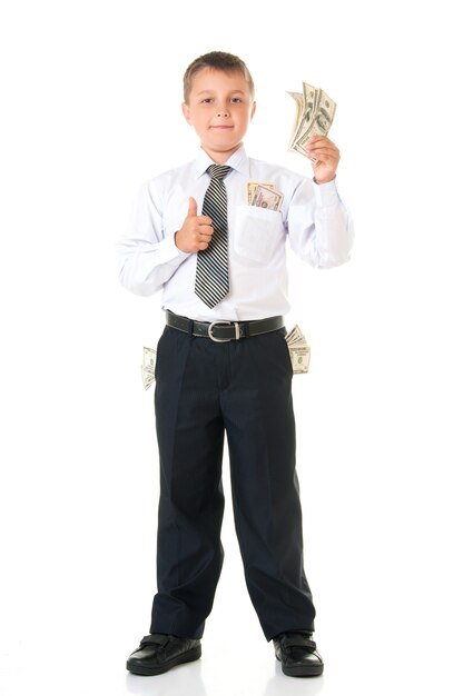 Cheerful male boy student schoolboy teenager holding money isolated