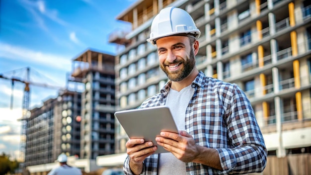 Photo cheerful male construction worker with digital tablet and white helmet