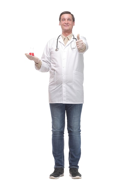 Cheerful male doctor or scientist in a white coat in gloves shows thumb up