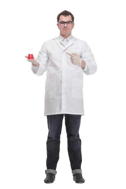 Cheerful male doctor in a white coat in gloves shows thumb up