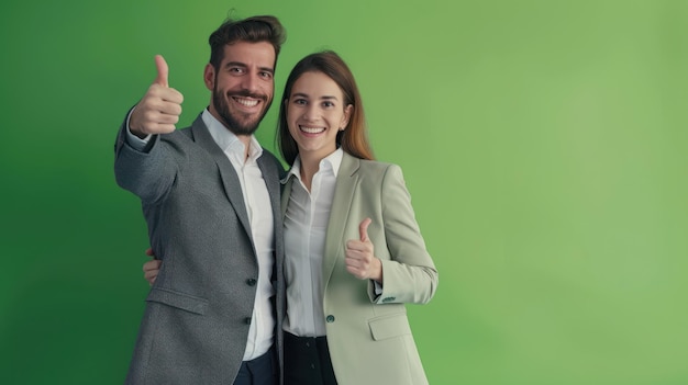 A cheerful male and female business partner giving a gesture standing against a solid green