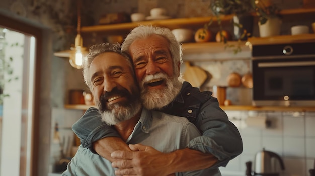 Cheerful man and his senior father embracing while greeting each other in the kitchen