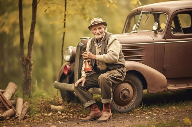 Photo cheerful man and his timeless vintage automobile