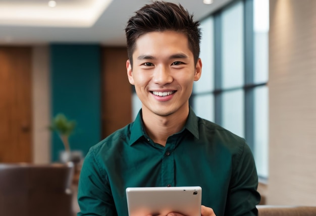 A cheerful man holds a tablet in a bright office he is confidently engaging with the viewer