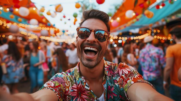 Cheerful Man Taking Selfie at Vibrant Street Festival