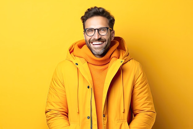 A cheerful man wearing glasses has a snowwhite smile on a colored background