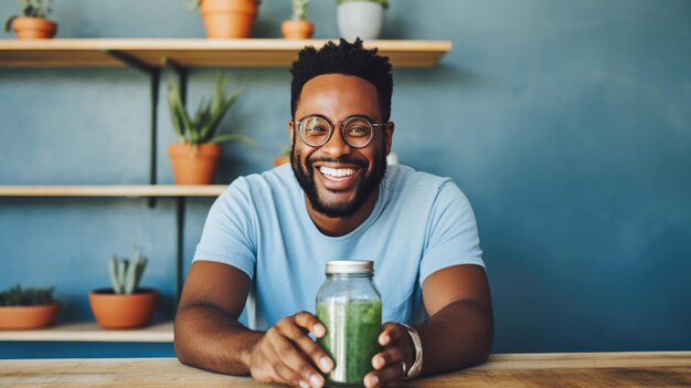 Cheerful man in a white shirt is sitting at a wooden table with a green smoothie