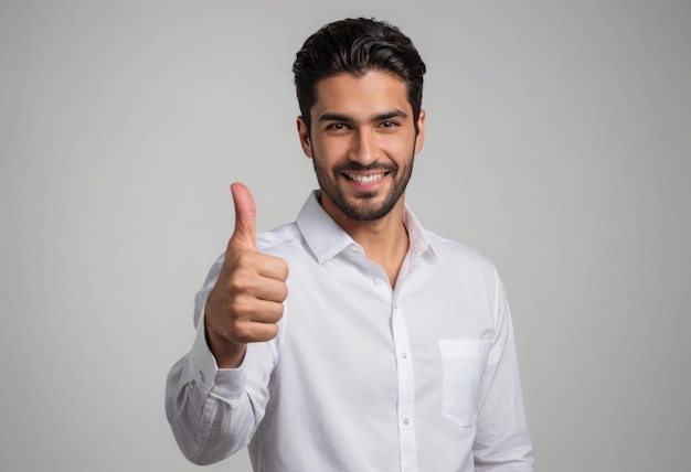 A cheerful man with a beard gives a thumbs up studio portrait with a gray background