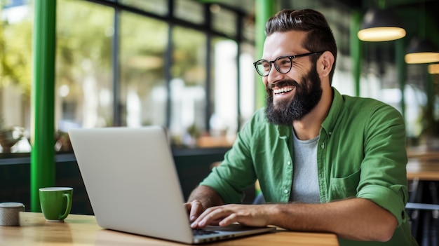 Cheerful man with a beard and glasses working on a laptop at a wooden desk