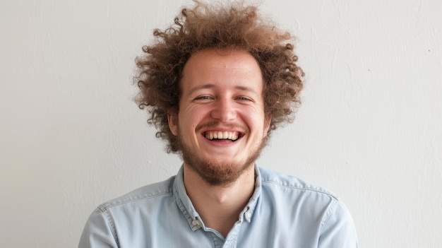 Photo a cheerful man with curly hair smiles widely wearing a light blue shirt against a white background