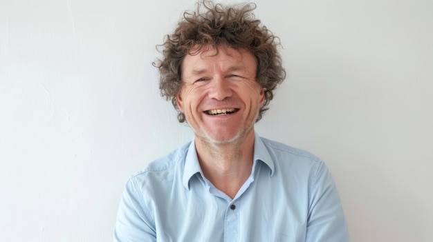 Photo a cheerful man with curly hair smiles widely wearing a light blue shirt against a white background