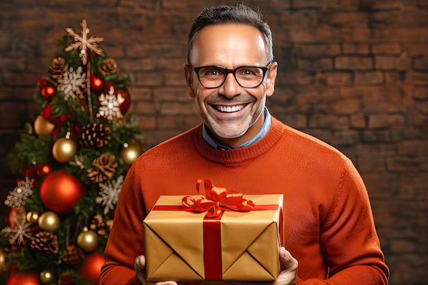 A cheerful man with a gift in his hands wearing glasses has a snowwhite smile