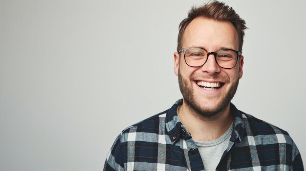 A cheerful man with glasses and a checkered shirt smiles warmly against a plain background radiating positivity and approachability