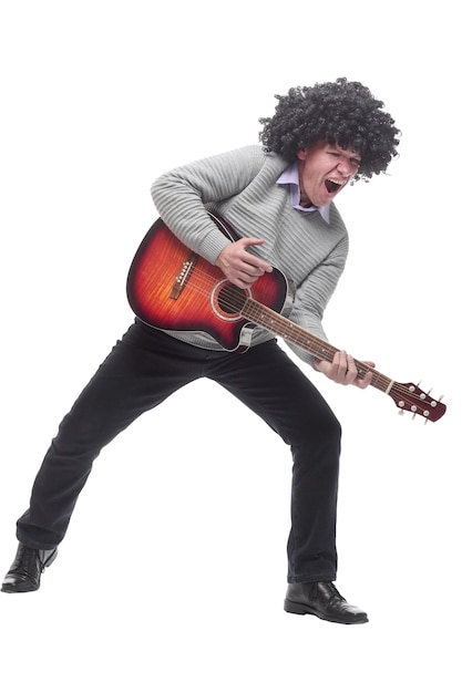 Cheerful man with a guitar isolated on a white