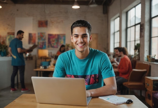 A cheerful man with a laptop in a creative workspace colleagues interacting in the background