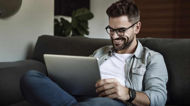 Cheerful man working on a laptop at home