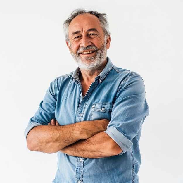 A Cheerful Mature Man Stands Confidently With His Arms Crossed Against A Pristine White Backdrop