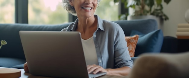 Cheerful mature woman in eyeglasses using laptop at homegenerative ai