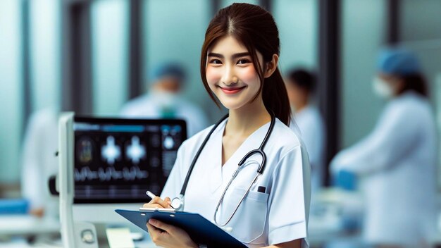 Cheerful Medical Professional With Clipboard In Clinical Setting