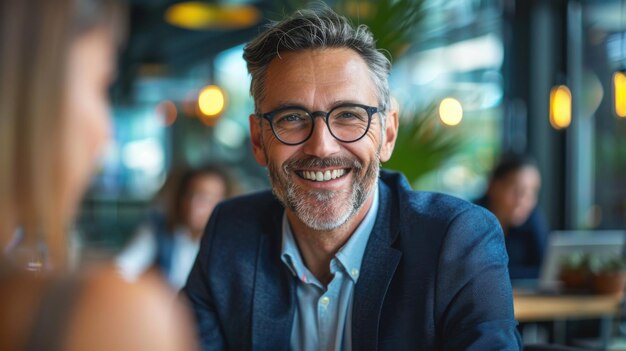 A cheerful middleaged man with glasses smiles while sitting in a modern cafe creating a welcoming atmosphere