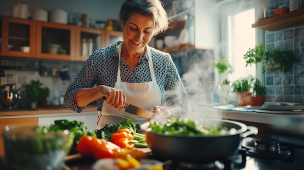 Photo a cheerful middleaged woman cooking in a bright kitchen for a family meal or gathering