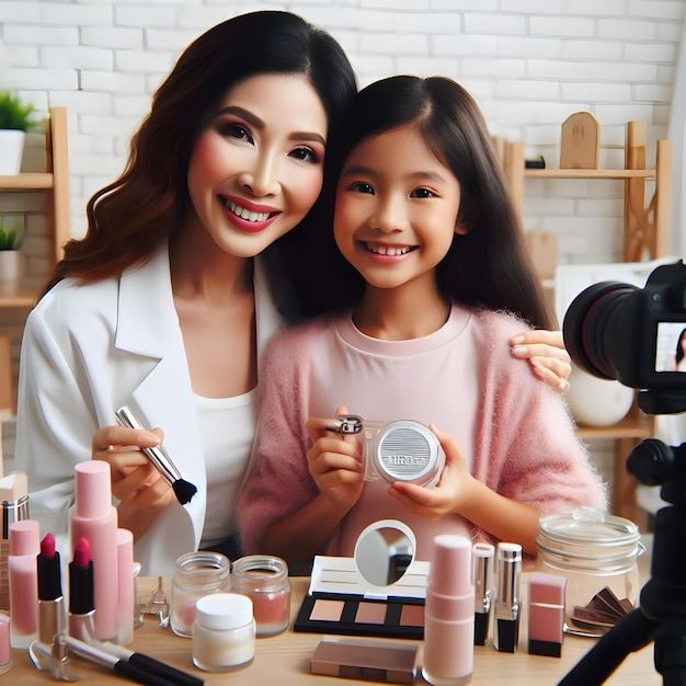 cheerful mother and daughter blogger is showing cosmetics products while recording video with camera