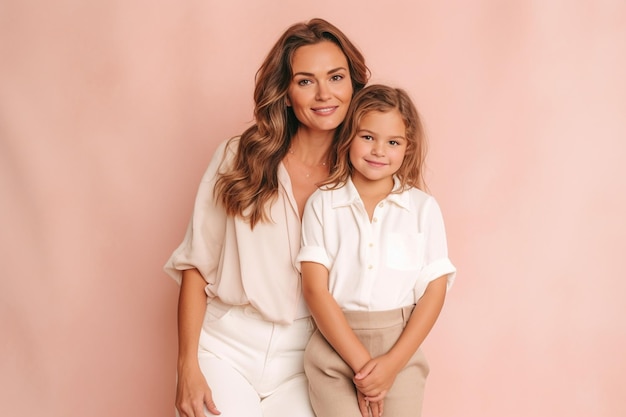 Cheerful mother and daughter hugging in pastel background studio shot Generative AI