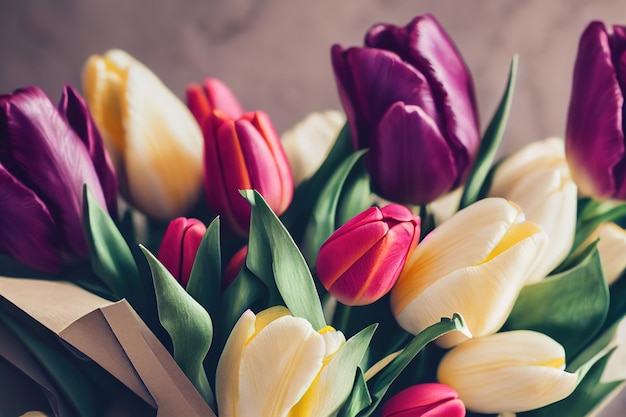 Cheerful multicolored bouquet of tulip flower for young perky girl