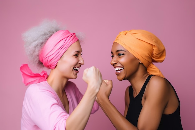 Cheerful multicultural women wearing pink headbands fighting against cancer Happy cancer survivors Generative AI