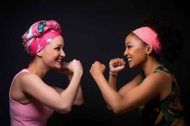 Cheerful multicultural women wearing pink headbands fighting against cancer Happy cancer survivors Generative AI