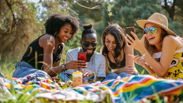 Cheerful multiethnic friends having fun taking selfies outdoors during a picnic A group