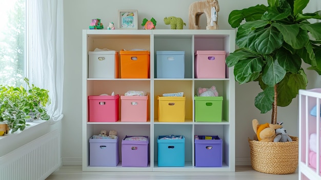 Photo cheerful nursery room with colorful storage boxes playful and vibrant theme concept