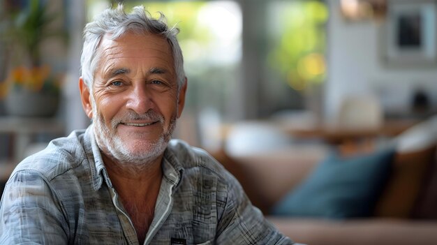 Cheerful Older Gentleman Smiling Warmly in Comfortable Living Room Setting