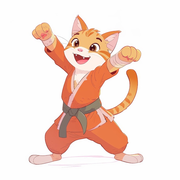 A cheerful orange tabby cat wearing a karate gi and black belt with arms raised in a fighting stance