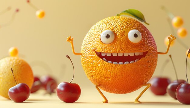 Photo a cheerful orange with a big smile standing on a table with cherries