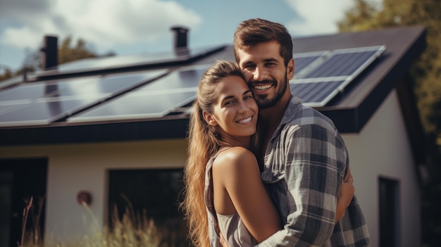 Cheerful ouple standing together near new house with solar panels on roof for renewable energy