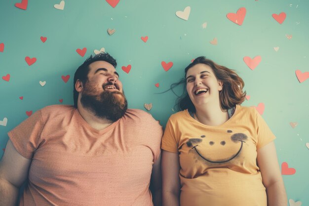 Cheerful overweight couple in a loving relationship sharing laughter and happiness together