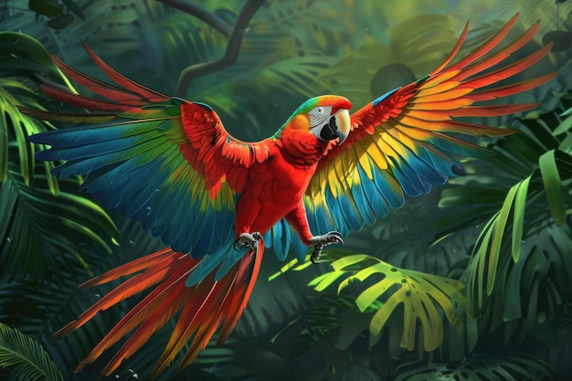 A cheerful parrot feathers a riot of color against a backdrop of deep jungle green