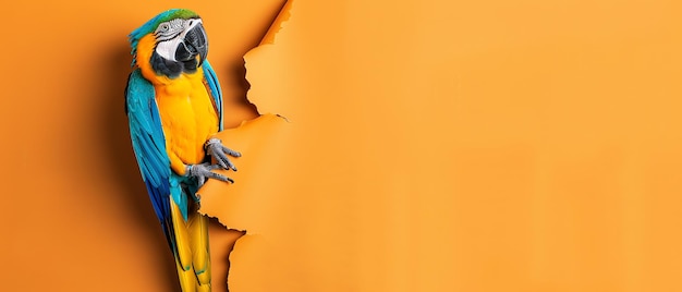 A cheerful parrot sitting on a solid orange background with space above for text