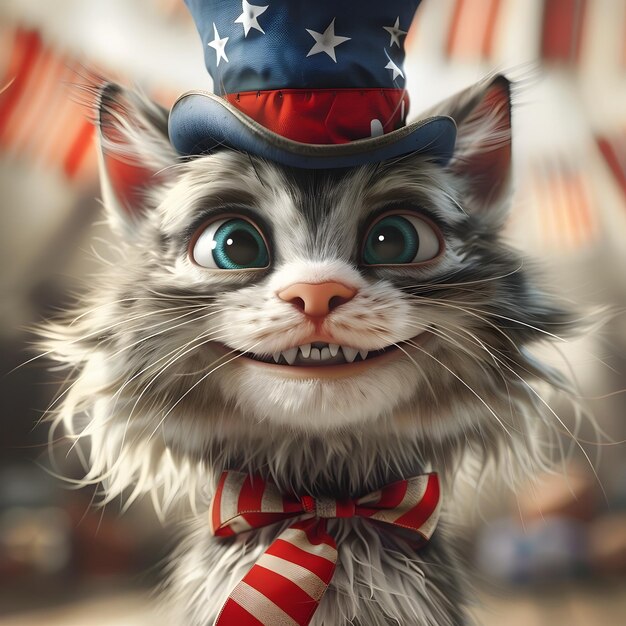 Photo cheerful patriotic cat celebrating 4th of july holiday on white background