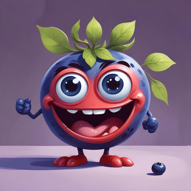 A cheerful personified blueberry with large googly eyes a smiling mouth and green leaves on its h