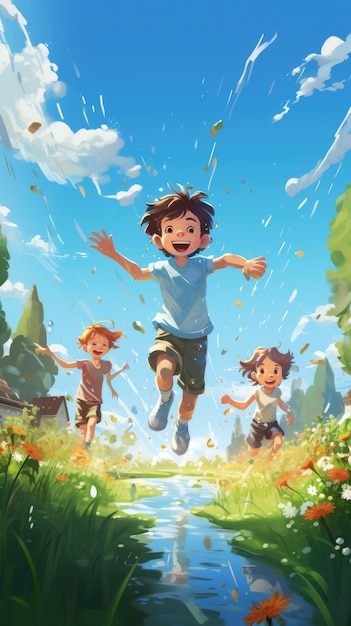 A cheerful and playful scene of kids running through a sprinkler in a grassy backyard