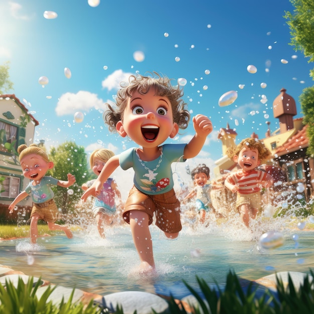 A cheerful and playful scene of kids running through a sprinkler in a grassy backyard