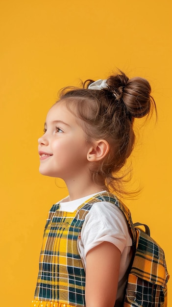 Cheerful and playful schoolgirl in funny pose against yellow background